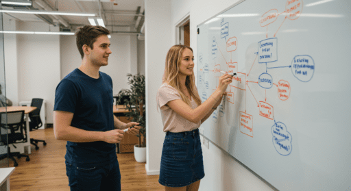 Estudiantes haciendo Mapa Mental en pizarra